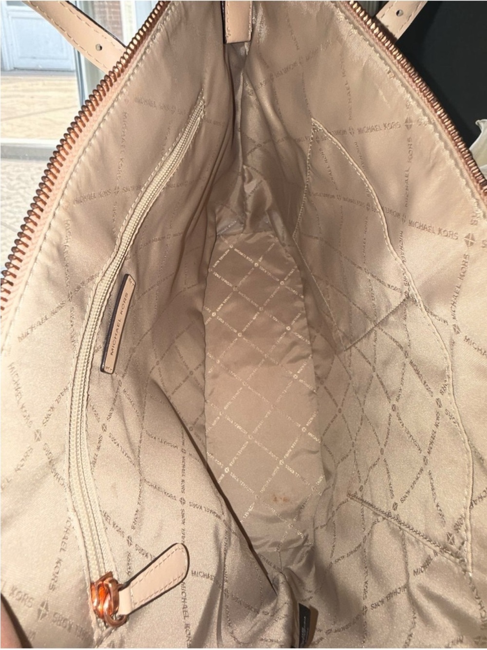 Michael Kors Cream Signature Tote with Tan Handles and Floral Scarf - Picture 3 of 10
